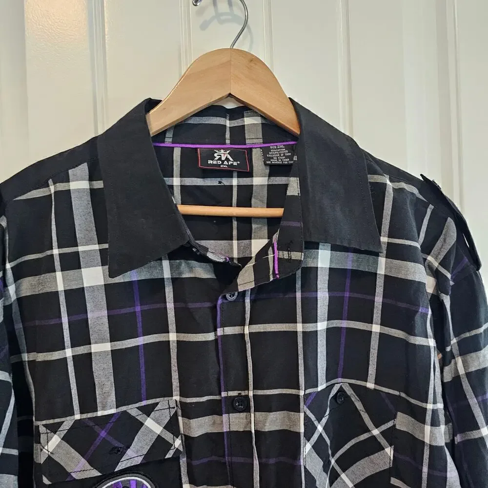Red Ape Premium Button Down Shirt Mens 2XL Black Purple Plaid Long Sleeve